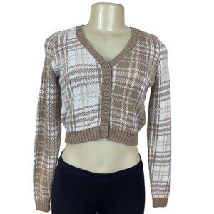 Hollister Womens Cropped Plaid Cardigan Beige & White Button-Down Knit Sweater S